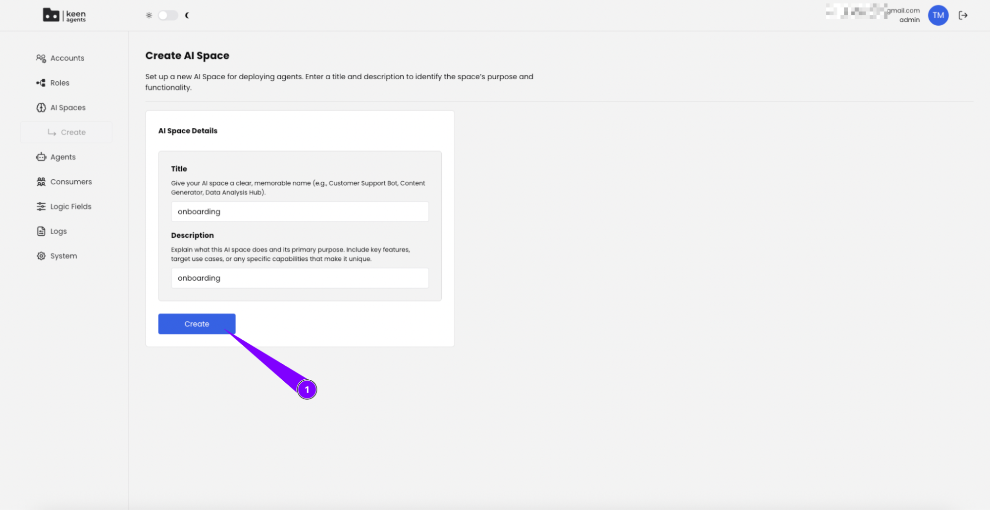 Create AI Space form filled with title "onboarding" and Create button highlighted