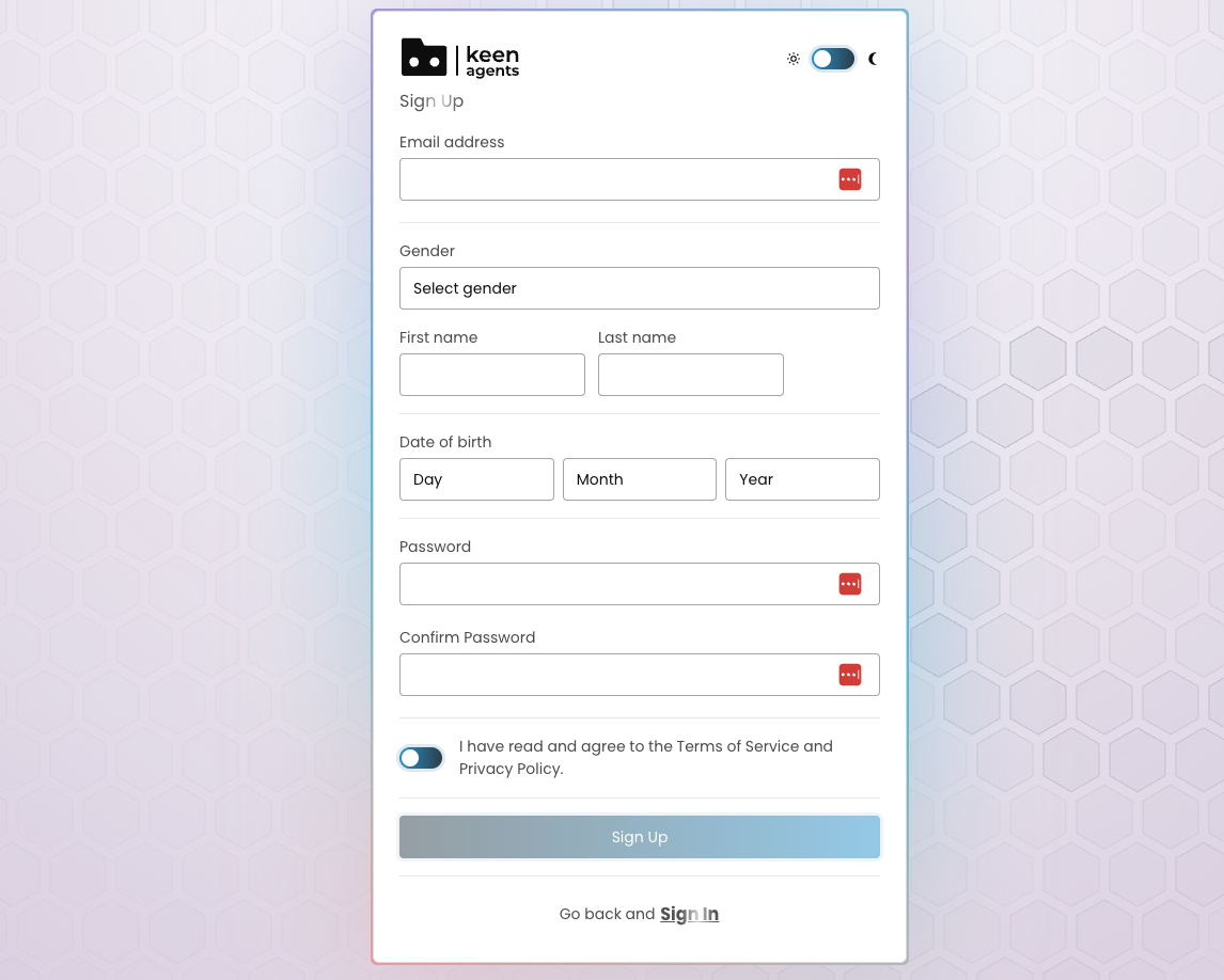 Chat Sign Up form — email, gender, first/last name, date of birth, password