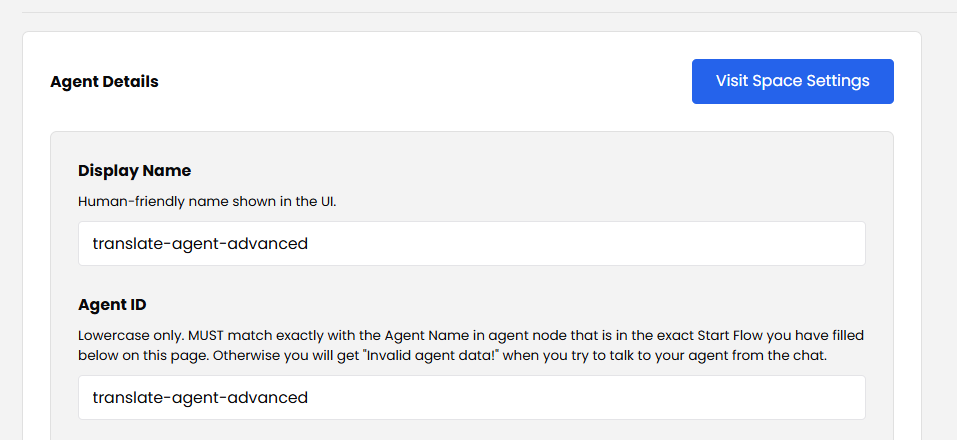 Agent Details in /org with Display Name and Agent ID set to "translate-agent-advanced"