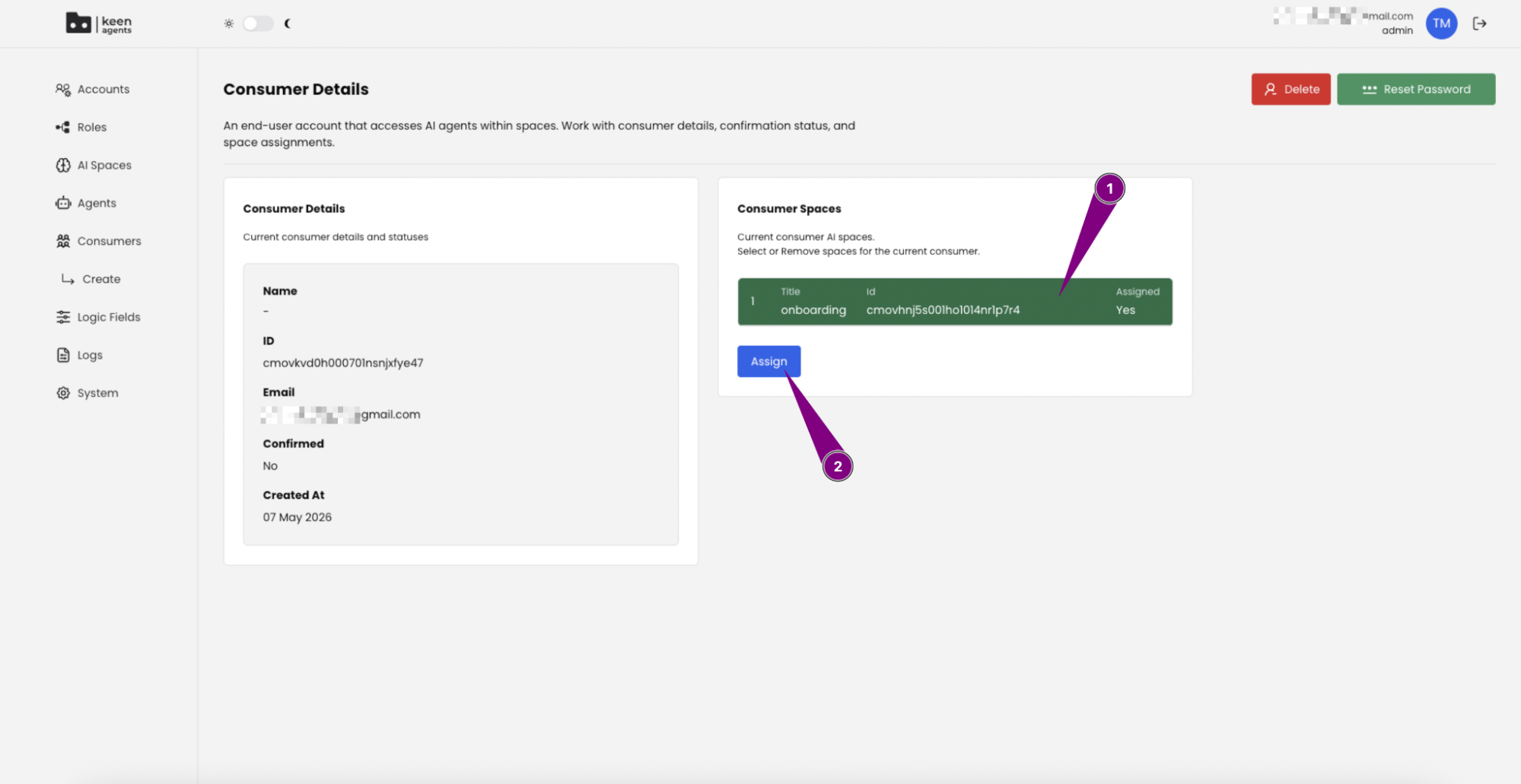 Consumer Details page with Consumer Spaces table (1) and Assign button (2) highlighted