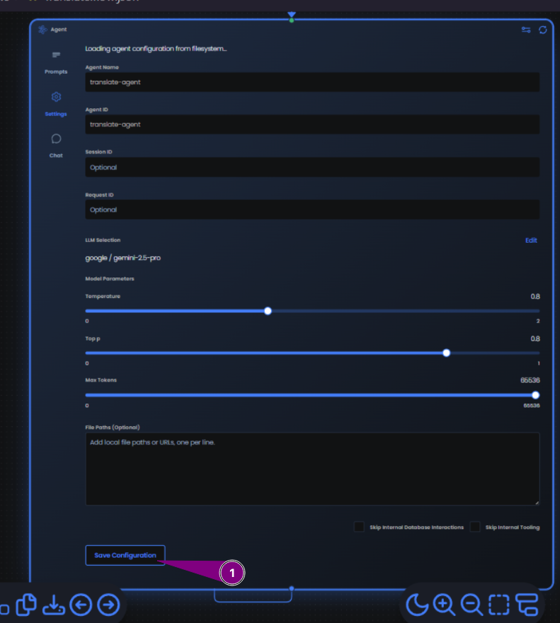 Agent settings panel with Save Configuration button (1) highlighted