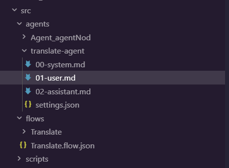 VS Code Explorer with src/agents/translate-agent/ showing 00-system.md and settings.json