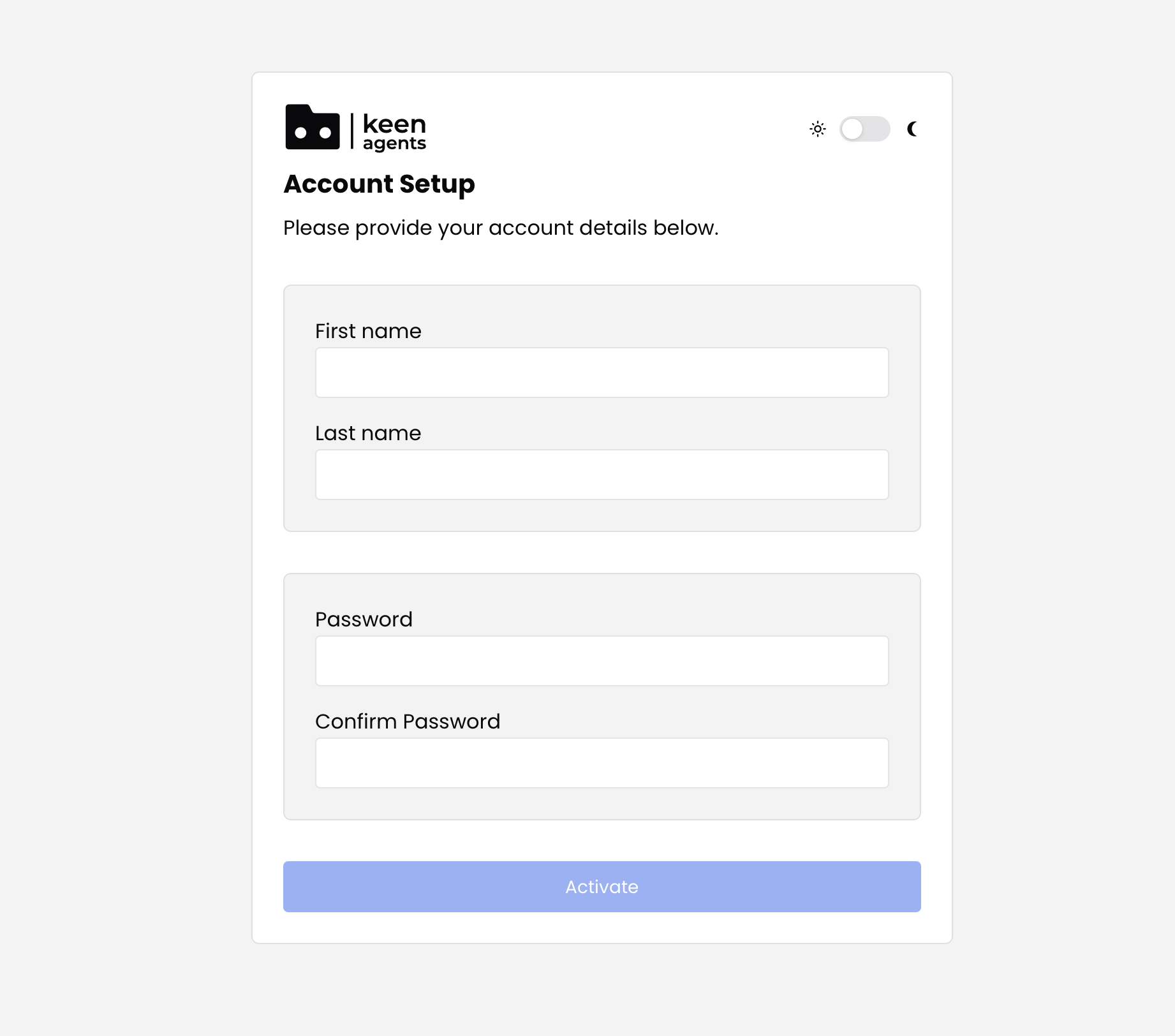 Account Setup form — First name, Last name, Password, Confirm Password