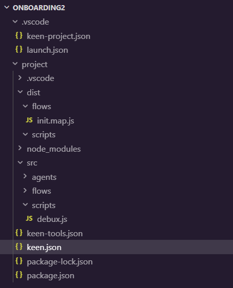 VS Code Explorer showing the ONBOARDING2 project tree — .vscode, project/dist, src, keen.json, package.json