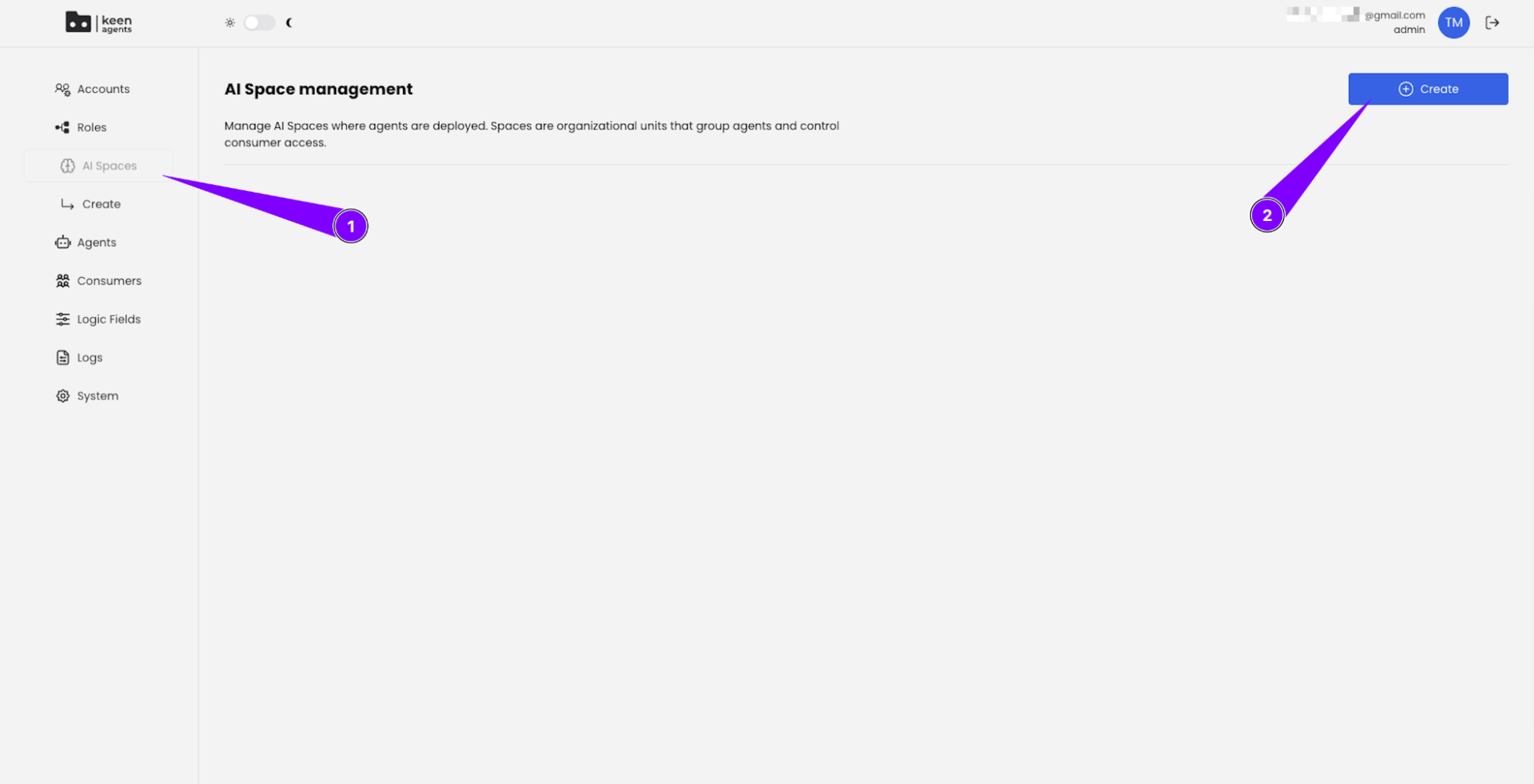 AI Space management page with AI Spaces (1) and Create (2) highlighted