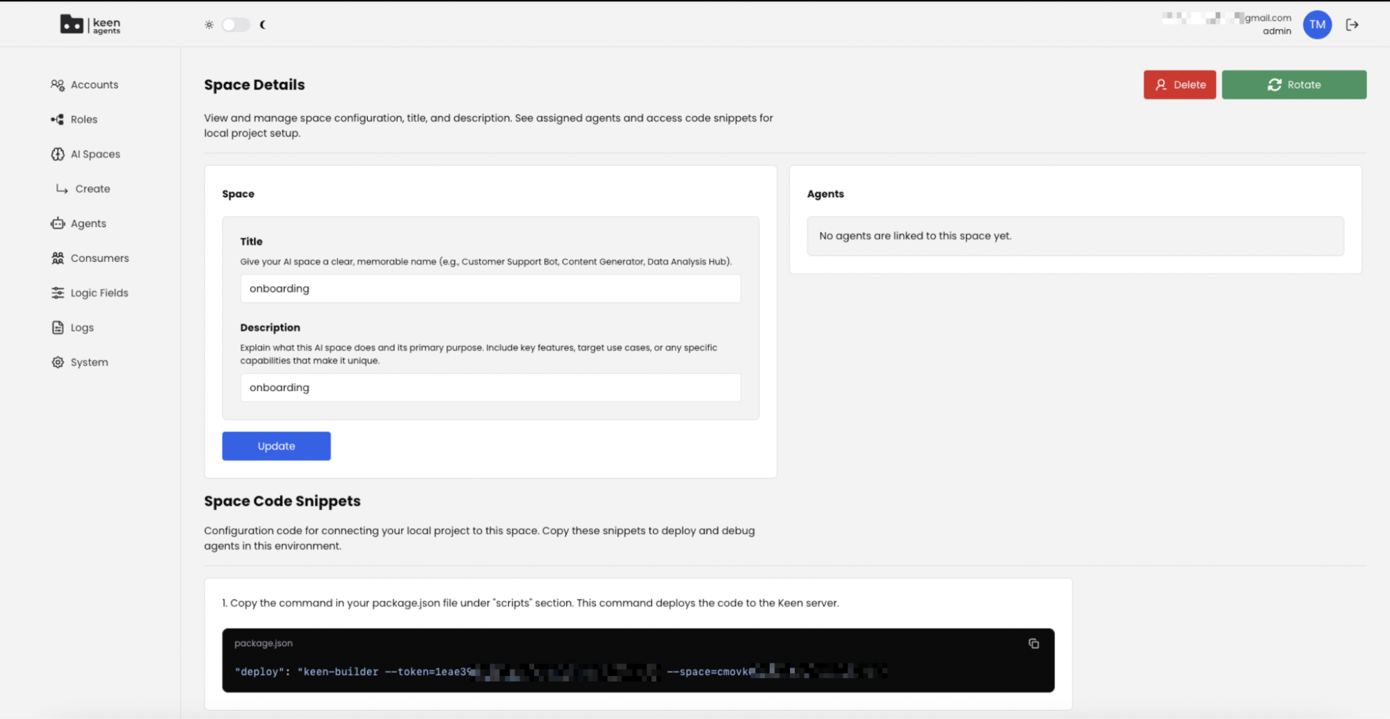 Space Details page with form on top and Space Code Snippets below