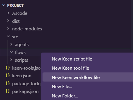 VS Code right-click context menu showing "New Keen workflow file"