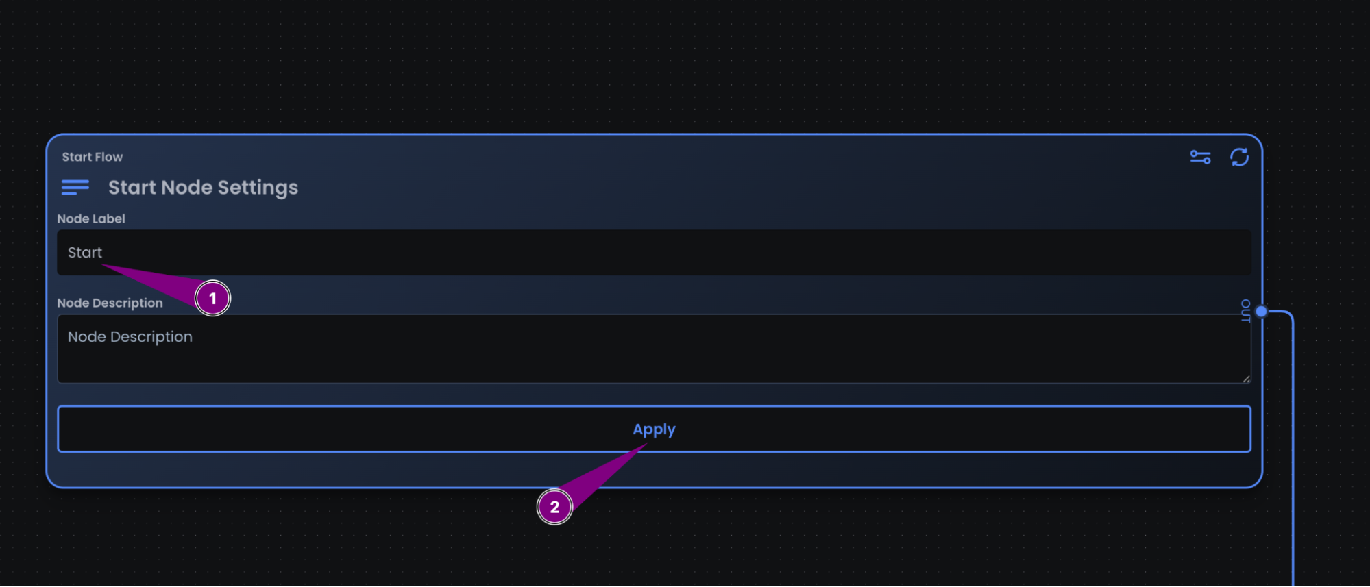 Start Node Settings panel with Node Label "Start" and Apply button