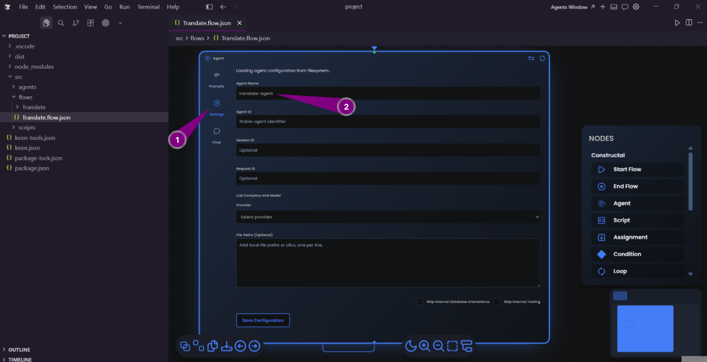 VS Code canvas with Agent Node settings open and NODES panel visible