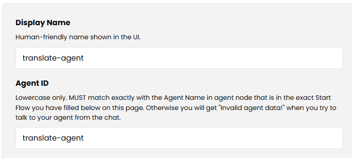 /org Display Name and Agent ID fields, both "translate-agent" in kebab-case