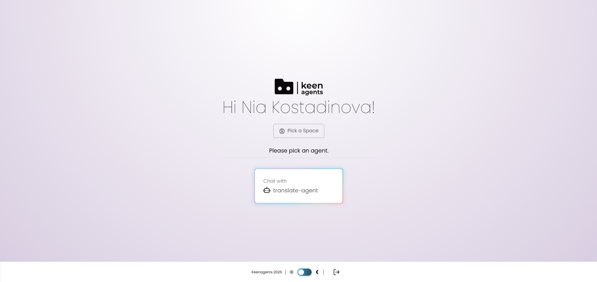 Hi Nia Kostadinova — Pick a Space, Please pick an agent — Chat with translate-agent